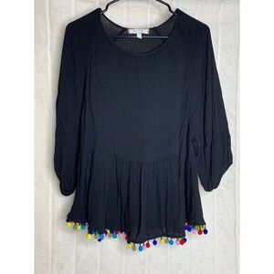 Anthropologie Eri + Ali Boho Babydoll Tunic Top XS Black Rainbow Pompom Raglan‎